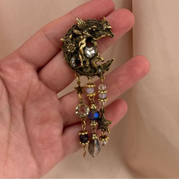 Mystical Mermaid & Moon Dangle Earrings – Vintage Gold Sterling Silver Stud - Picture 4 of 6